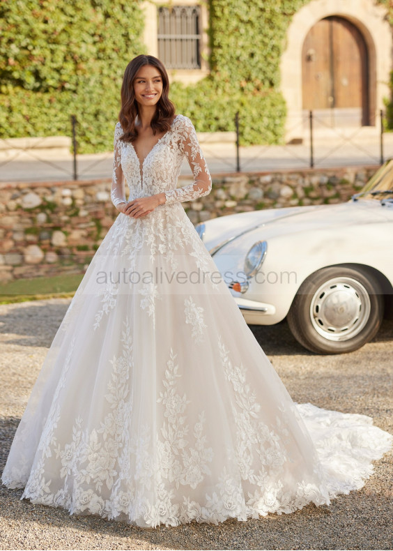 Long Sleeves Beaded Ivory Lace Tulle Floral Stunning Wedding Dress